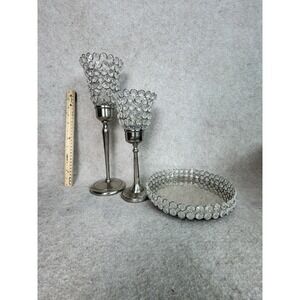 3 Piece  Silver Finish Decor/Holders Metal  With Round Cut Prisms‎ Hobby Lobby